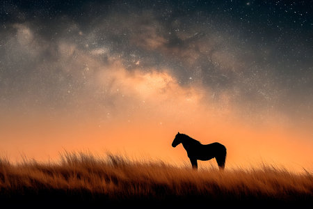A striking silhouette of a horse stands against a vibrant twilight sky filled with stars. the grass sways gently in the foreground, while the ethereal glow of the milky way enhances the serene nighttime atmosphere. Generative AIの素材