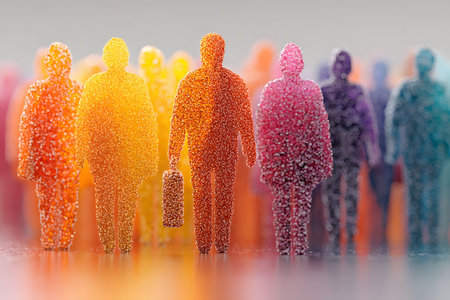 A visually striking abstract representation of diversity and business with vibrant, colorful silhouettes. the image features a group of figures in various hues and textures, symbolizing diversity, teamwork, and innovation in a modern, artistic style. Generative AIの素材
