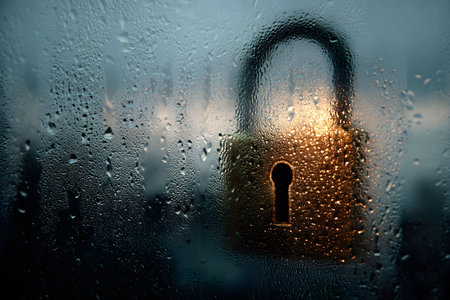 A frosted glass surface adorned with water droplets partially obscures an illuminated lock symbol in the background. this image symbolizes themes of digital security, privacy, protection, and encryption in a visually mysterious setting. Generative AIの素材