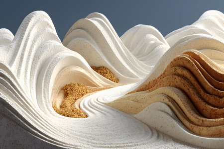 Organic, nature-inspired abstract artwork featuring sculptural, wave-like forms in neutral tones. the intricate layering and texture evoke natural landscapes, emphasizing aesthetic harmony and elegance for modern interiors. Generative AIの素材