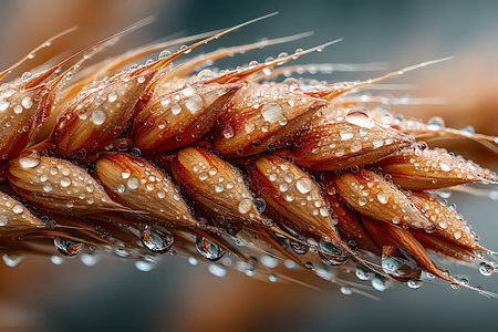 Detailed macro photograph of a wheat spikelet adorned with fresh dew droplets. the image intricate texture and natural beauty of the grain, agricultural themes and nature's detail. Generative AIの素材