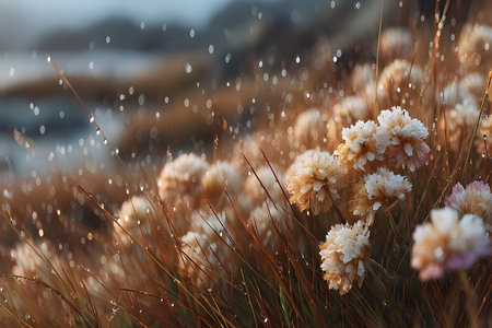 Dew-drenched wildflowers bathed in soft morning light create a serene and ethereal landscape. the delicate petals glisten with the freshness of dawn, evoking tranquility and the beauty of nature's awakening. Generative AIの素材