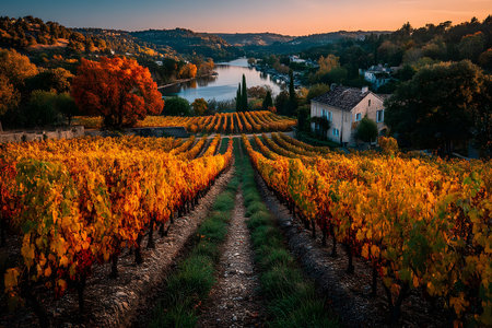 A breathtaking view of a vineyard in full autumn colors, leading down to a peaceful river under a vibrant sunset. the scene essence of fall with rich tones and serene countryside charm. Generative AIの素材