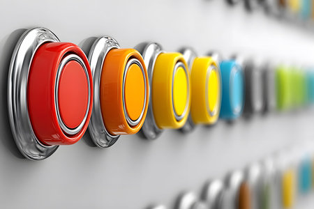 Vibrant buttons in various colors are aligned on a control panel, showcasing a modern design. each button stands out with a glossy finish against a neutral background, their functionality in technology and industrial settings. Generative AIの素材