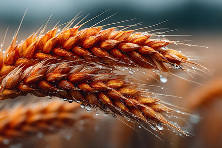 Dew-laden golden wheat ears in a lush field, emphasizing natural beauty and freshness. close-up shot highlights the texture and color of the grains against a soft-focus background, ideal for agrarian or nature-themed projects. Generative AIの素材