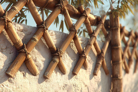 A rustic, sunlit bamboo fence is constructed in an intricate lattice pattern atop a textured stone wall. the natural elements create a harmonious blend of organic materials, perfect for architectural and garden design concepts. Generative AIの素材