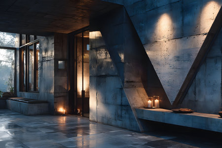 Atmospheric modern loft interior featuring sleek architectural elements and ambient lighting. geometric structures and large windows create a serene and elegant setting, enhanced by soft candlelight and minimalistic design details. Generative AIの素材