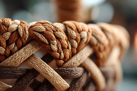 Close-up of a finely woven basket showcasing detailed braiding in earthy tones of brown and beige. the texture highlights traditional craftsmanship, ideal for home decor or as an illustration of natural artistry. Generative AIの素材