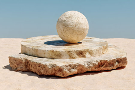 A textured stone sphere rests on a smooth, circular stone pedestal, both set against a sunlit desert landscape. the natural colors and shadows enhance the geometric and artistic elements, creating a minimalist and earthy composition. Generative AIの素材