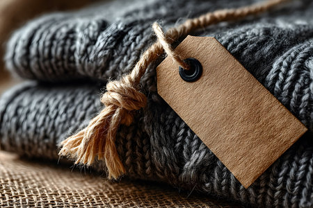 A neatly folded grey woolen sweater rests on a textured burlap surface, featuring a blank brown tag tied with twine. ideal for winter fashion, retail displays, or product branding presentations. Generative AIの素材