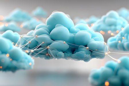 A futuristic concept of technology and connectivity, featuring abstract digital clouds interconnected with glowing lights. this imaginative scene symbolizes innovation, digital communication, and data networks in a modern aesthetic. Generative AIの素材