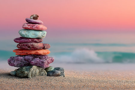 Multicolored stones stacked artfully on a sandy beach set against a gentle ocean backdrop. a serene sunset paints the sky in soft pink and orange hues, creating a peaceful, meditative atmosphere ideal for relaxation themes. Generative AIの素材