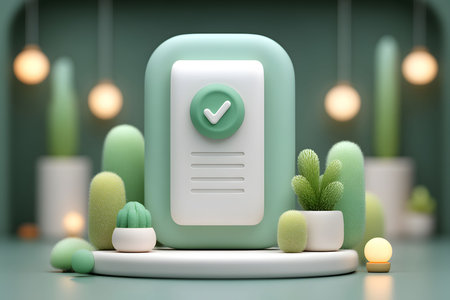 Stylized 3d illustration featuring green succulents and abstract forms against a soft green backdrop. the central element is a prominent checkmark symbol, suggesting themes of approval and success, surrounded by spherical lights. Generative AIの素材