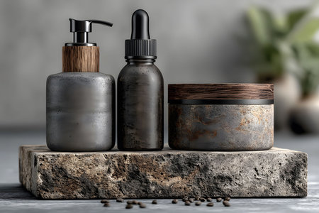 A collection of skincare products is elegantly arranged on a textured stone slab, reflecting a rustic and minimalist aesthetic. the composition highlights natural beauty with wooden accents and a serene background, ideal for eco-friendly branding. Generative AIの素材
