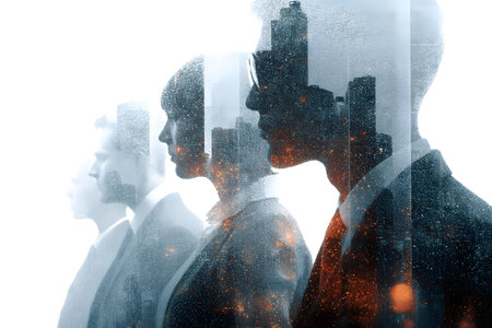 Double exposure of business professional silhouettes blended with a city's skyline. the image symbolizes the fusion of corporate teamwork and urban innovation, ideal for branding, presentations, or corporate materials. Generative AIの素材
