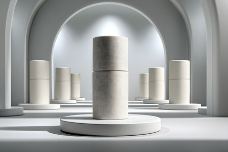 A modern interior space with an array of cylindrical columns, arranged symmetrically against a backdrop of sleek arches and soft lighting. the minimalistic design emphasizes clean lines and neutral tones, creating a calm and sophisticated ambiance. Generative AIの素材
