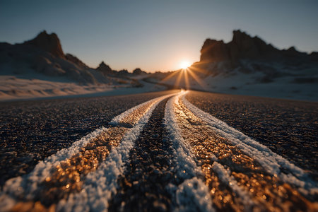 Sunlight pours over a deserted highway stretching through a rugged desert landscape. the sunrise casts a dramatic glow on distant rocky formations, creating a serene and inspiring travel scene. Generative AIの素材