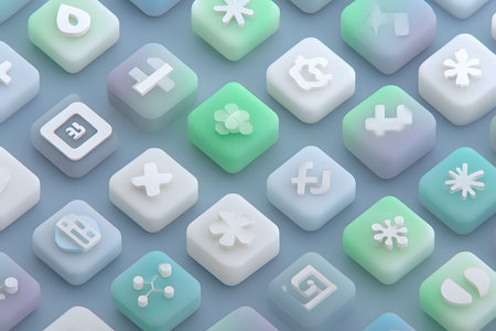 Modern 3d icons arranged on a soft blue gradient background display a variety of abstract symbols. the minimalist design and pastel tones create a contemporary aesthetic, suitable for digital design projects, user interfaces, and creative visuals. Generative AIの素材