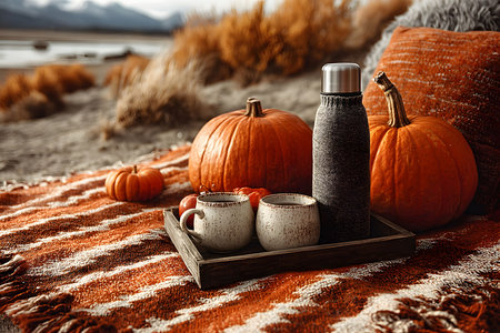 Cozy autumn picnic setup on a striped blanket featuring pumpkins, mugs, and a thermos. the tranquil lakeside setting enhances the fall vibes, providing a serene backdrop with mountains in the distance. Generative AIの素材