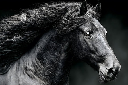 Striking close-up of a black horse with a flowing mane against a dark background. the dynamic movement highlights the graceful power and elegance of the animal, capturing an essence of freedom and strength. Generative AIの素材