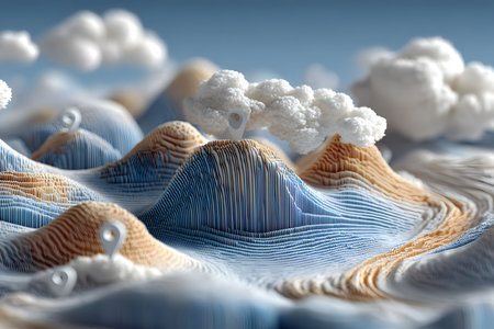 Surreal 3d landscape showcasing abstract mountains with layered textures and cloud formations. artistic representation uses blue and earthy tones to create a whimsical, imaginative scene with location markers for added intrigue. Generative AIの素材