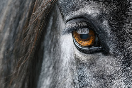 Dramatic close-up of a horse's eye, showcasing intricate details and the glossy texture of its coat. the image highlights the animal's majesty and grace, focusing on natural beauty and expressive depth. Generative AIの素材