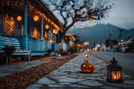 A serene street adorned with glowing halloween decorations, including a carved pumpkin lantern and a rustic lantern beside a stone pathway. warm lights glow from a house, creating a cozy festive atmosphere. Generative AIの素材