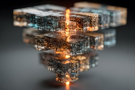 A highly detailed three-dimensional structure with intricate cityscape elements, reflecting a futuristic cyberpunk theme. the design features layered, metallic components with glowing lights, creating an abstract, sci-fi aesthetic. Generative AIの素材