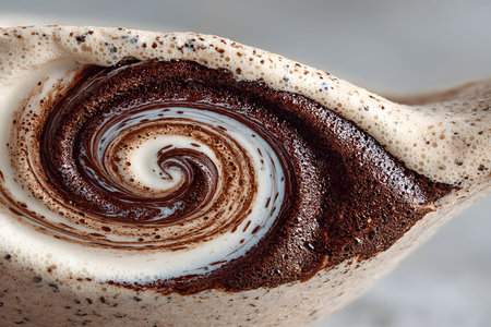 Close-up of a beautifully crafted coffee swirl featuring deep espresso and frothy cream, showcasing intricate textures and patterns. ideal for use in coffee shop decor or culinary photography, the artistry in beverage preparation. Generative AIの素材