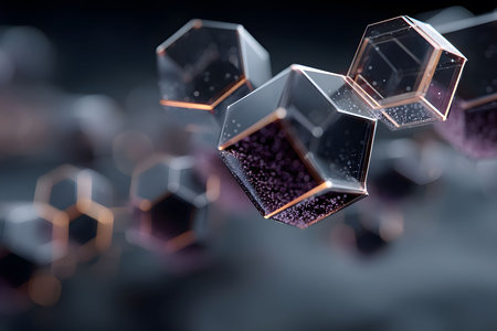 Geometric 3d cubes with transparent surfaces and faceted edges float in a soft-focus background. these futuristic shapes, combined with subtle lighting, create a sense of modernity and abstraction, perfect for contemporary digital design. Generative AIの素材