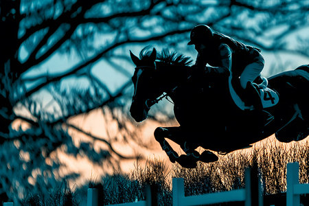 Silhouette of a horse and rider jumping over a fence against a vibrant sunset. the striking contrast highlights the dynamic movement and harmony in equestrian sports, capturing the essence of speed and agility. Generative AIの素材
