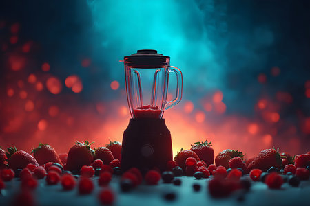 A dynamic image showcasing a blender surrounded by an assortment of fresh strawberries and raspberries on a colorful, illuminated backdrop. ideal for promoting smoothie recipes, healthy eating, and kitchen appliances. Generative AIの素材