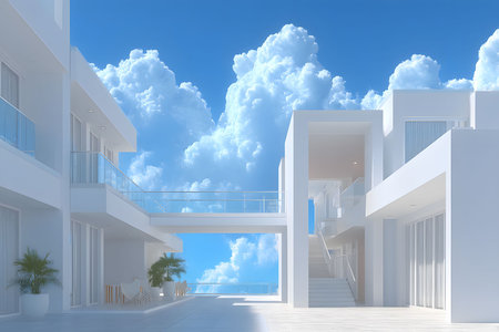 Minimalist white architecture set against a backdrop of vivid blue skies and fluffy clouds. clean lines, bright lighting, and subtle shadows create a serene and peaceful atmosphere, perfect for modern design themes. Generative AIの素材