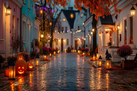 A charming street adorned with glowing jack-o'-lanterns and vibrant autumn foliage sets the scene for halloween festivities. lanterns illuminate the cobblestone pathway, enhancing the cozy and whimsical holiday ambiance. Generative AIの素材