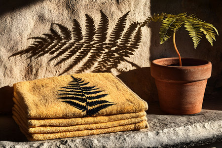 Fern motifs on folded towels complement a potted fern casting intricate shadows on a rustic wall. sunlight enhances the natural textures and earthy tones, creating an inviting and serene atmosphere perfect for decor inspiration. Generative AIの素材