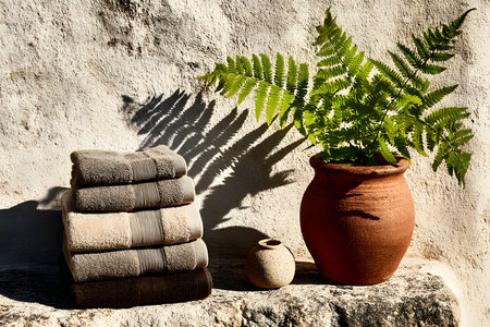 Sunlight casts gentle shadows on folded towels beside a terracotta pot with vibrant fern leaves. rustic ambiance meets natural tranquility, creating a perfect aesthetic for spa environments or wellness promotions. Generative AIの素材