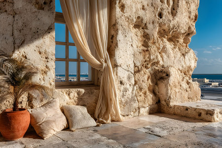 Sunlight streams through a window framed by sheer curtains in a rustic stone building, offering a panoramic ocean view. a terra cotta pot with a palm plant and plush pillows add warmth to the serene mediterranean setting. Generative AIの素材