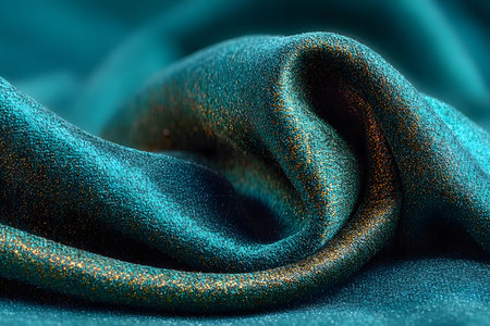 Rich teal velvet fabric with a luxurious, smooth texture and shimmering gold accents creates an opulent and sophisticated aesthetic. ideal for fashion design, interior decor, or as a background for creative projects. Generative AIの素材