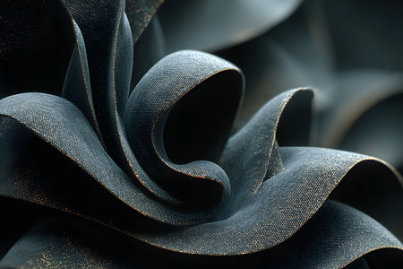 Smooth, flowing waves of textured fabric with a metallic sheen create an abstract pattern. the close-up details highlight the intricate weave and elegant curves, offering a contemporary aesthetic perfect for artistic backgrounds. Generative AIの素材