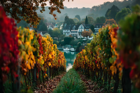 Vibrant autumn foliage lines a vineyard path leading towards charming countryside cottages. the tranquil setting, enhanced by misty hills and a serene river, essence of fall's warm hues and rustic charm. Generative AIの素材
