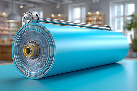 A large format printing roll on a sleek, bright blue tabletop in a modern print shop with blurred background. perfect for commercial design and printing applications, showcasing professional print industry equipment. Generative AIの素材