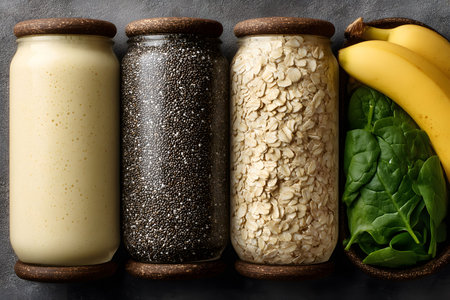 Smoothie ingredients organized in jars on a dark background. features creamy smoothie, chia seeds, rolled oats, fresh bananas, and leafy spinach, displaying healthy, nutritious options for smoothies or snacks. Generative AIの素材