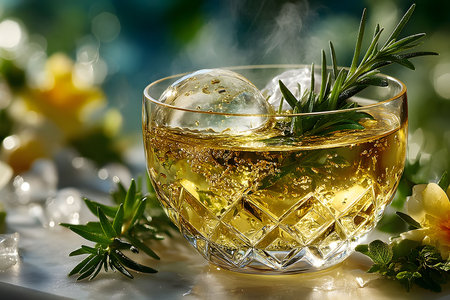 A crystal glass filled with a golden cocktail featuring large ice spheres and a sprig of rosemary. fresh citrus notes add a vibrant touch, enhanced by steam rising gently, set against a blurred natural backdrop. Generative AIの素材