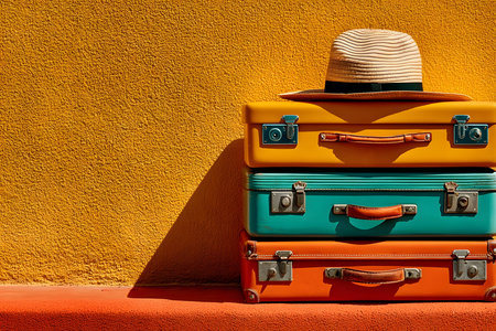 Brightly colored suitcases, stacked against a vivid yellow wall, evoke a sense of summer travel and adventure. a stylish straw hat atop the suitcases adds a touch of holiday charm, perfect for vacation-themed designs or promotional materials. Generative AIの素材