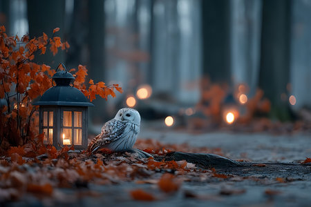 A serene autumn forest scene features an owl perched on a log amid vibrant orange leaves. a glowing lantern casts a warm light, enhancing the mystical ambiance of the misty woodland setting. Generative AIの素材