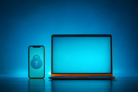 A glowing blue laptop screen and a smartphone displaying a lock symbol emphasize digital security. the minimalistic setup reflects modern technology's role in safeguarding data, making it ideal for cybersecurity and tech-related themes. Generative AIの素材