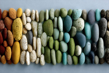 A visually striking array of sea stones arranged in a gradient from warm reds to cool blues, set against a textured blue background. this nature-inspired composition offers a harmonious blend of colors and textures, ideal for creative design. Generative AIの素材
