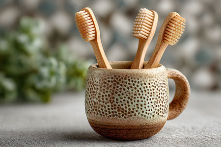 Three bamboo toothbrushes sit upright in a textured, ceramic holder on a smooth surface. the background features blurred green foliage, emphasizing an eco-friendly and sustainable living concept with natural materials. Generative AIの素材