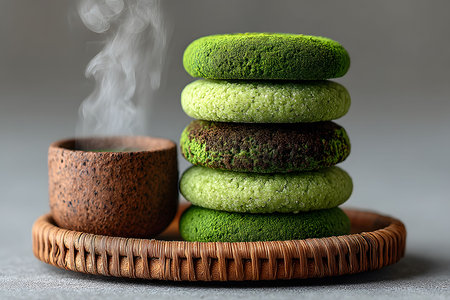A collection of vibrant green matcha cookies neatly stacked on a woven tray accompanies a steaming cup of tea. the earthy tones and textures create a warm, inviting ambiance ideal for winter relaxation or culinary presentations. Generative AIの素材