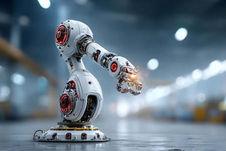 A highly detailed futuristic robotic arm set against a blurred industrial background, showcasing advanced technology and innovation in automation. the arm's intricate mechanics highlight precision and modern engineering. Generative AIの素材